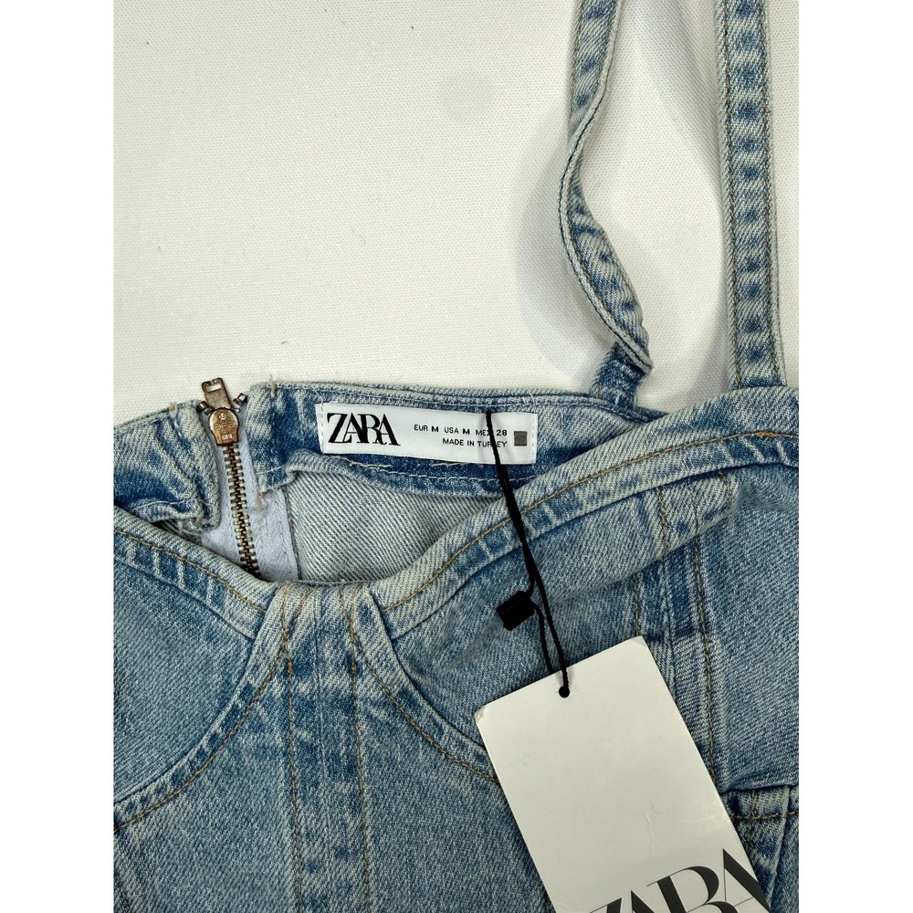 Zara Corset Cropped Top Womens Medium Blue Denim Cotton Back Zip Spaghetti Strap - Picture 2 of 6